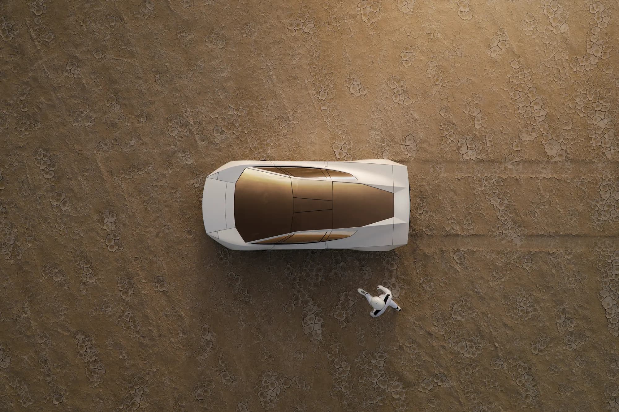 Overhead view of the Roadster roof, with gold-tinted glass panels and a suited figure standing beside the car.