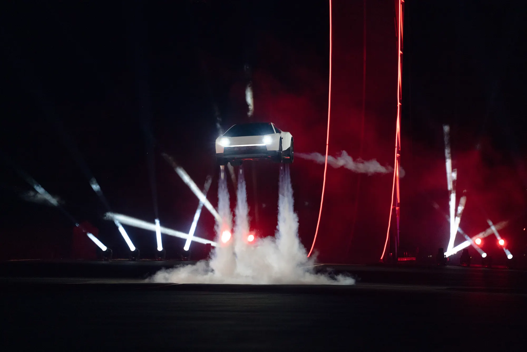 The Roadster hovering nose-on, with vapour around the body, during the reveal demonstration.