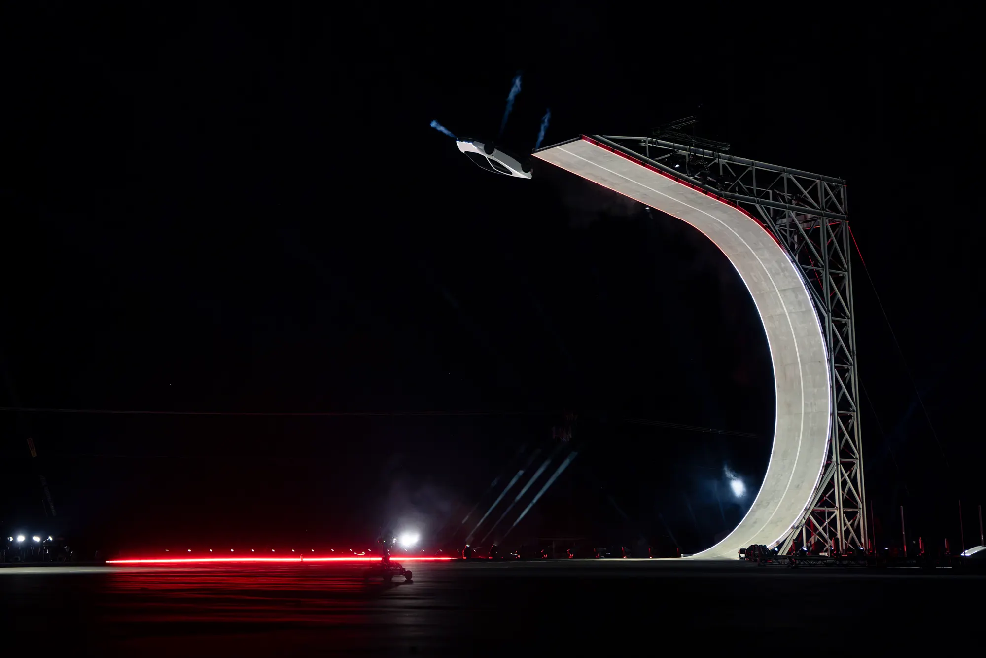 The Roadster at the top of an inverted ramp during the reveal demonstration.